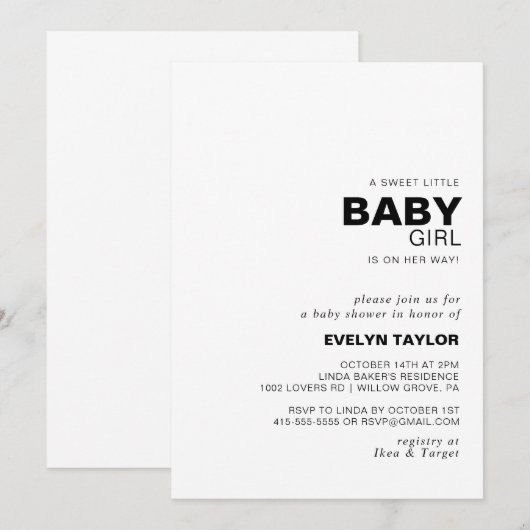 Minimale Elegant Formal Baby Girl douche Kaart (Voorkant / Achterkant)