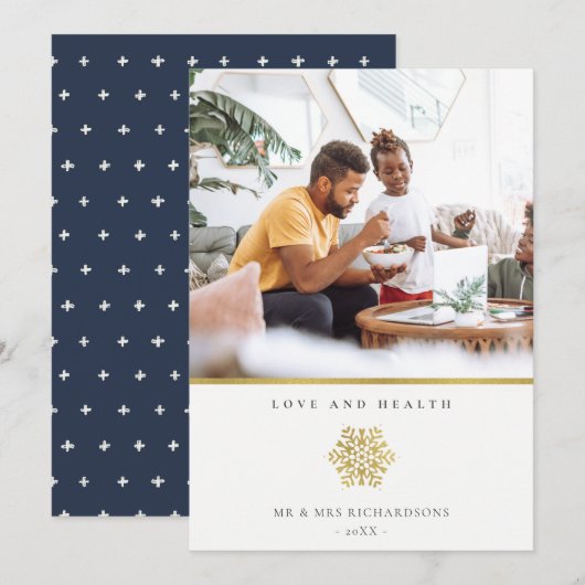 Minimale Elegant Gold Snowflake Photo Love & Healt Feestdagenkaart (Voorkant / Achterkant)