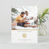 Minimale Elegant Gold Snowflake Photo Love & Healt Feestdagenkaart (Staand voorkant)