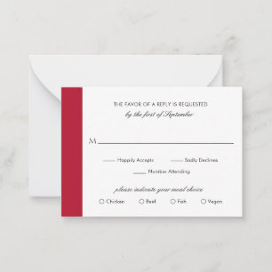 Minimale Elegant Red Wedding Mini RSVP-kaart Notitiekaartje