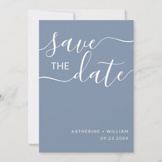 Minimale Elegant Script Dusty Blue Save the Date (Voorkant)