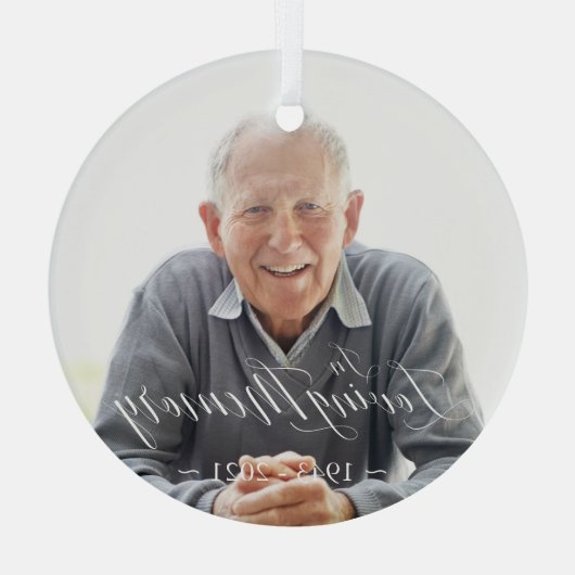 Minimale Elegant Script Loving Memory Custom Photo Glas Ornament (Achterkant)