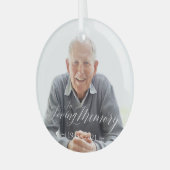 Minimale Elegant Script Loving Memory Custom Photo Glas Ornament (Voorkant links)