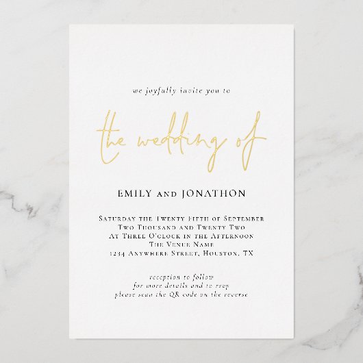 Minimale Elegant Script QR Code Weddenschap Real Folie Uitnodiging (Voorkant)