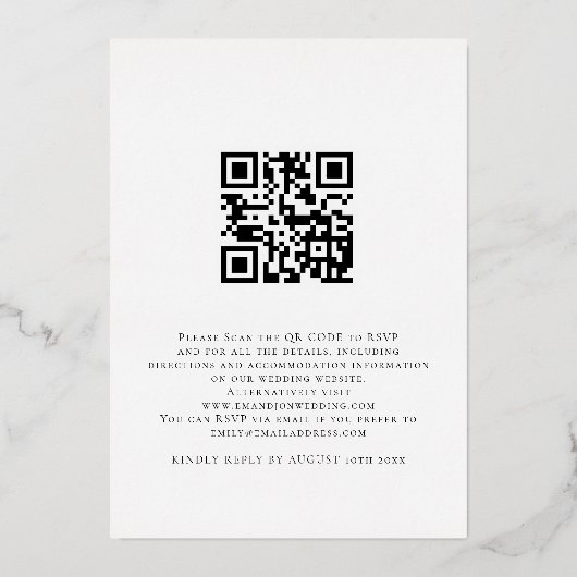 Minimale Elegant Script QR Code Weddenschap Real Folie Uitnodiging (Achterkant)