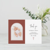 Minimale Elegant Terracotta Arch Foto Christening Bedankkaart (Staand voorkant)
