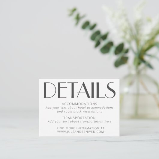 Minimale Elegant White Text Art Deco Wedding Informatiekaartje (Staand voorkant)