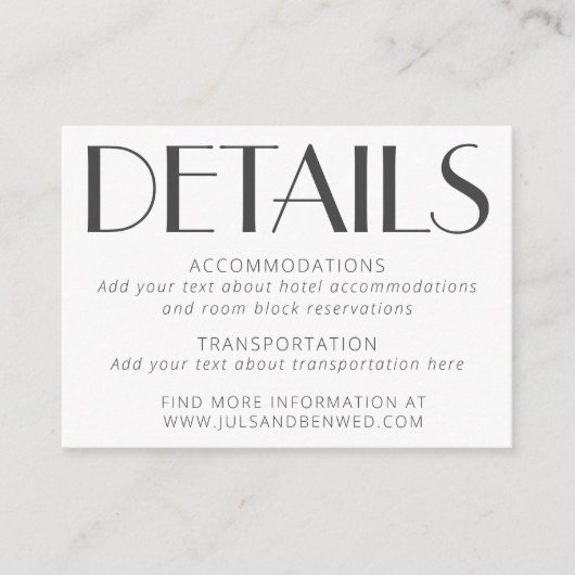 Minimale Elegant White Text Art Deco Wedding Informatiekaartje (Voorkant)