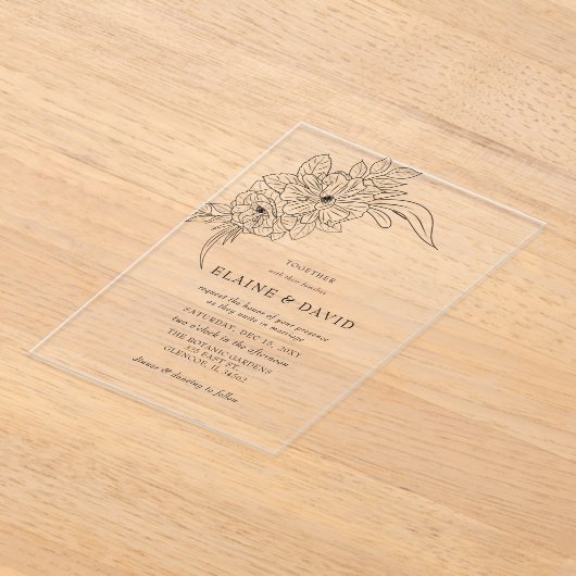 Minimale Elegante Bloemen Schets Bruiloft Acryl Uitnodigingen (Laagn)