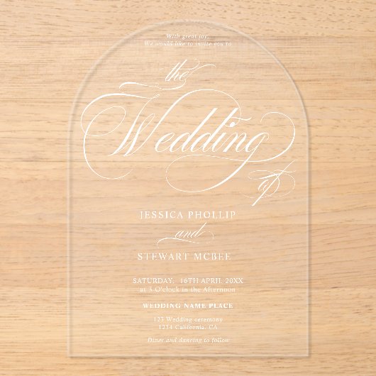 Minimale Elegante Chique Script witte bruiloft op  Acryl Uitnodigingen (Voorkant)