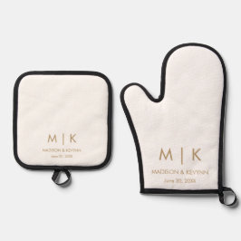 Minimale & Elegante Gouden Monogram Bruiloft Ovenwant & Pannenlap Set