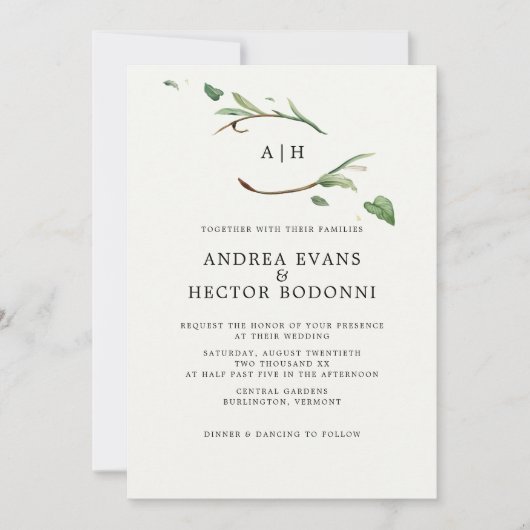 Minimale Elegante Groene Monogram Bruiloft Kaart (Voorkant)