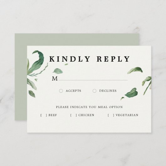 Minimale Elegante Groene RSVP met Maaltijdoptie (Voorkant / Achterkant)