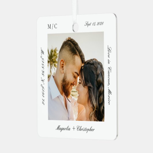 Minimale Elegante Huwelijksreis Fotoherinnering Metalen Ornament (Voorkant links)