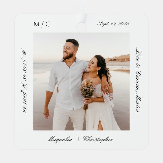 Minimale Elegante Huwelijksreis Fotoherinnering Metalen Ornament (Achterkant)