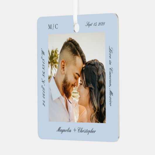 Minimale Elegante Huwelijksreis Fotoherinnering Metalen Ornament (Voorkant links)