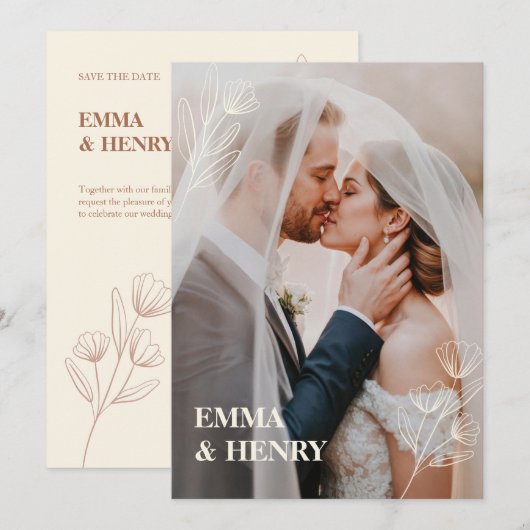 Minimale elegante huwelijksuitnodiging met bruid e kaart (Voorkant / Achterkant)