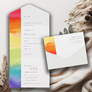 Minimale elegante kleurrijke regenboogbruiloft all in one uitnodiging