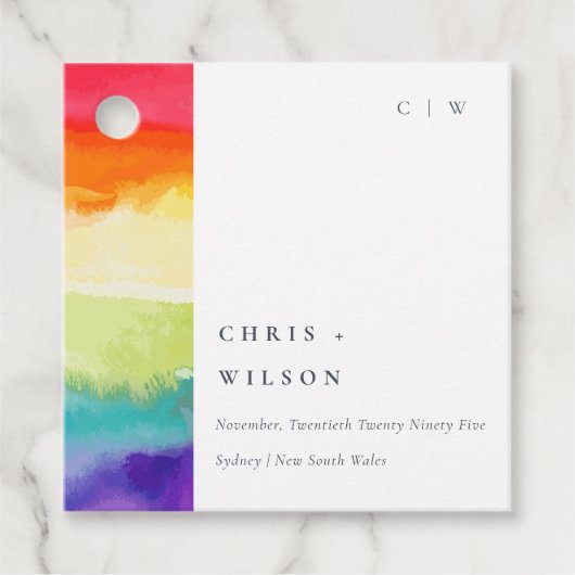 Minimale elegante kleurrijke regenboogbruiloft bedankjes labels (Voorkant)