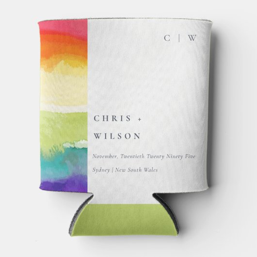 Minimale elegante kleurrijke regenboogbruiloft blikjeskoeler (Voorkant)