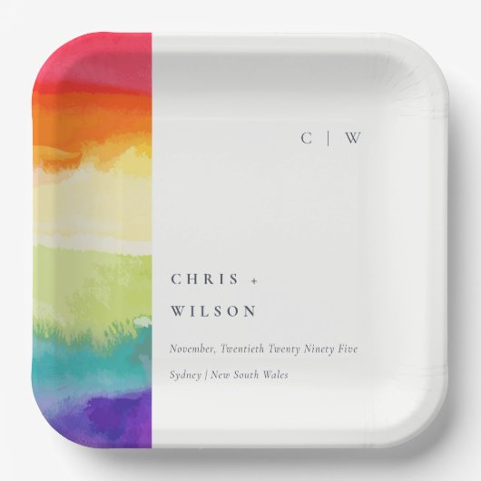 Minimale elegante kleurrijke regenboogbruiloft papieren bordje (Voorkant)