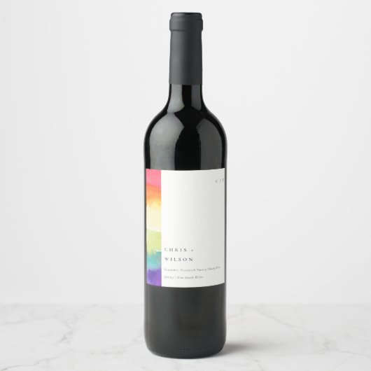 Minimale elegante kleurrijke regenboogbruiloft wijn etiket (Voorkant)