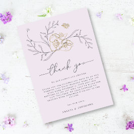 Minimale Elegante Lijn Bloemen Lila Gouden Bruilof Bedankkaart