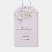 Minimale Elegante Lijn Bloemen Lila Gouden Bruilof Cadeaulabel (Voorkant)