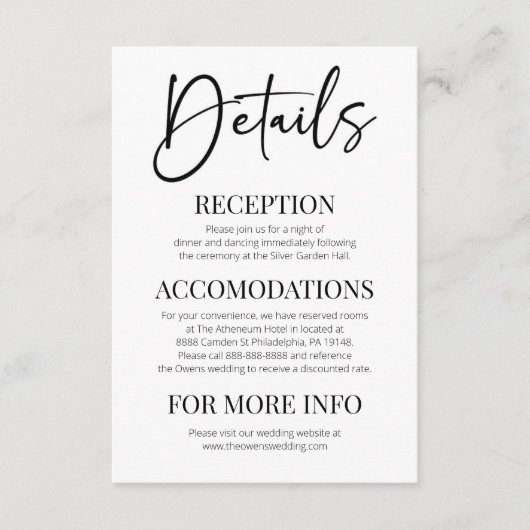 Minimale Elegante Moderne Klassieke Bruiloft Detai Informatiekaartje (Voorkant)