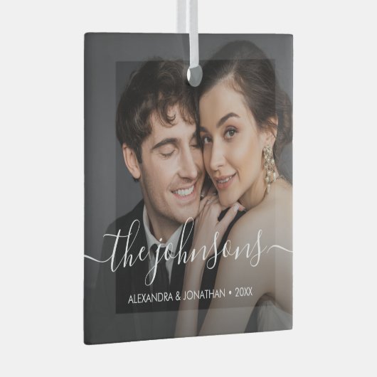 Minimale elegante naam script Paar Foto Kerstmis Glas Ornament (Voorkant Rechts)