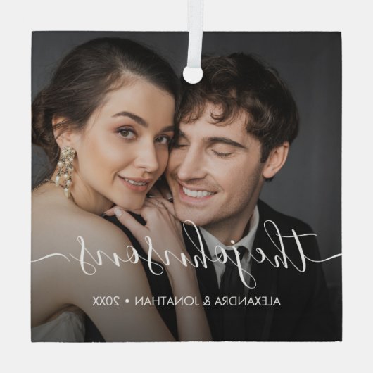 Minimale elegante naam script Paar Foto Kerstmis Glas Ornament (Achterkant)
