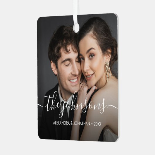 Minimale elegante naam script Paar Foto Kerstmis Metalen Ornament (Voorkant links)