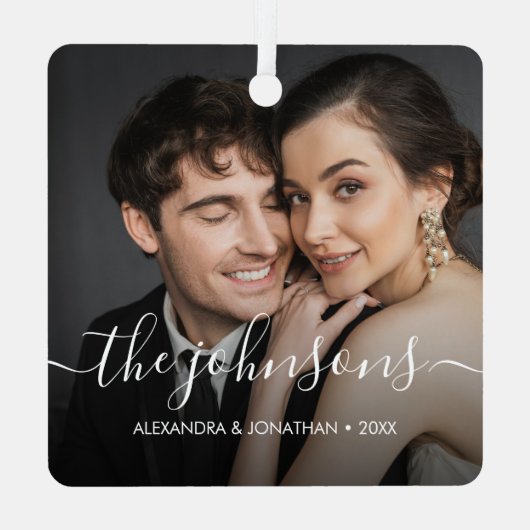 Minimale elegante naam script Paar Foto Kerstmis Metalen Ornament (Achterkant)