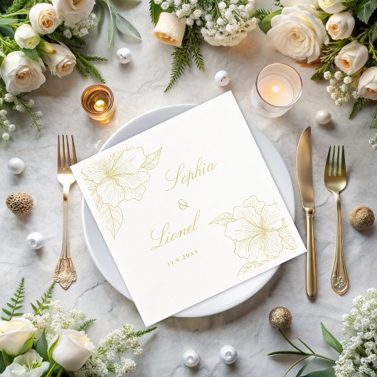 Minimale Elegante Omtrek Bloemen Gouden Bruiloft Servet