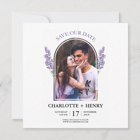 Minimale elegante Paarse foto om de datum te bewar (Voorkant)