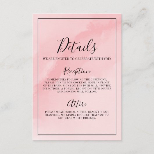 Minimale Elegante Roze Trouwdetails Informatiekaartje (Voorkant)