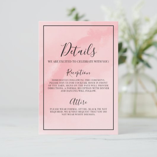 Minimale Elegante Roze Trouwdetails Informatiekaartje (Staand voorkant)