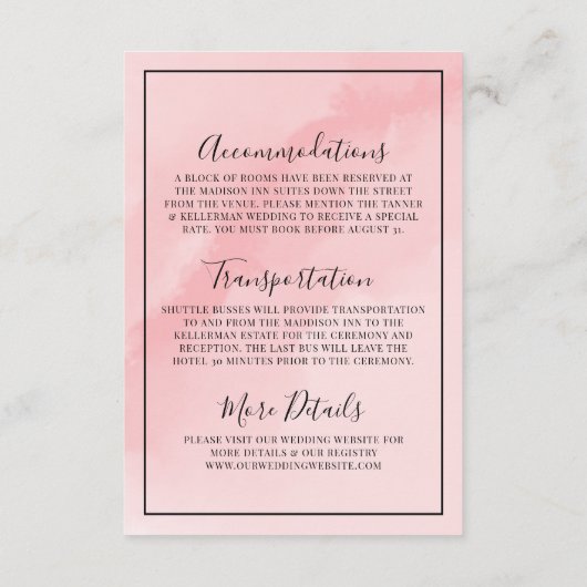 Minimale Elegante Roze Trouwdetails Informatiekaartje (Achterkant)