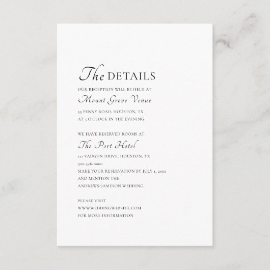 Minimale elegante scriptdetails informatiekaartje (Voorkant)