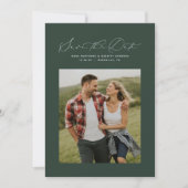 Minimale elegante scriptjager groene foto save the date (Voorkant)