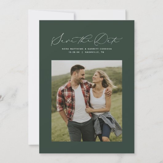 Minimale elegante scriptjager groene foto save the date (Voorkant)