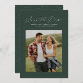Minimale elegante scriptjager groene foto save the date (Voorkant / Achterkant)