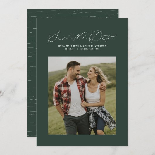 Minimale elegante scriptjager groene foto save the date (Voorkant / Achterkant)