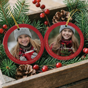 Minimale Elegante Twee Foto Collage Aandenken Rood Keramisch Ornament