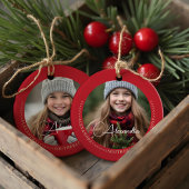 Minimale Elegante Twee Foto Collage Aandenken Rood Keramisch Ornament