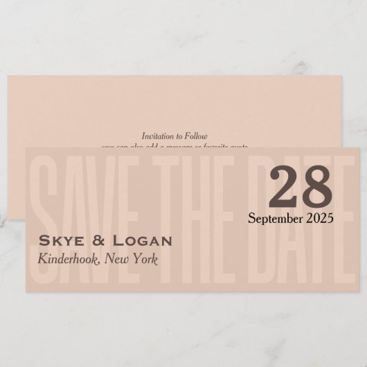 Minimale elegante typografie Mocha Slim Save The Date (Voorkant / Achterkant)