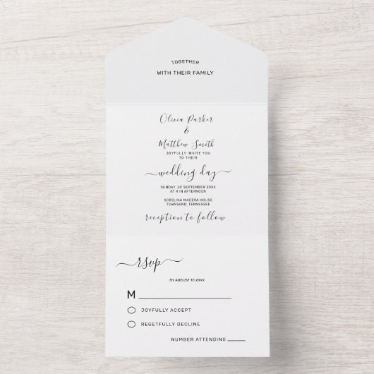 Minimale elegante witte klassieke bruiloft all in one uitnodiging (Binnen)