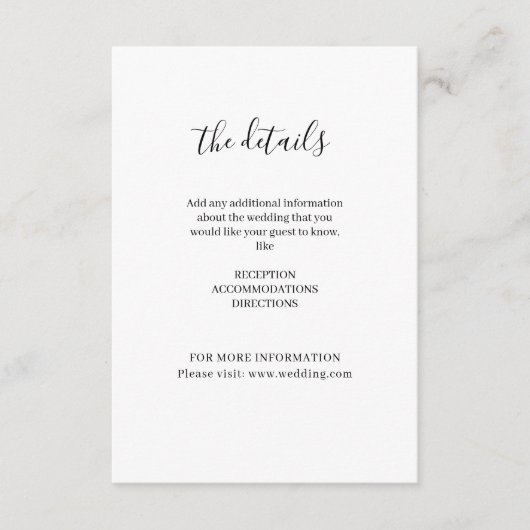 Minimale elegante witte klassieke bruiloft informatiekaartje (Voorkant)