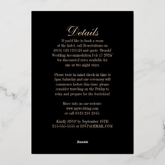 Minimale Elegante Zwart Goud Wit Bruiloft Folie Uitnodiging (Achterkant)