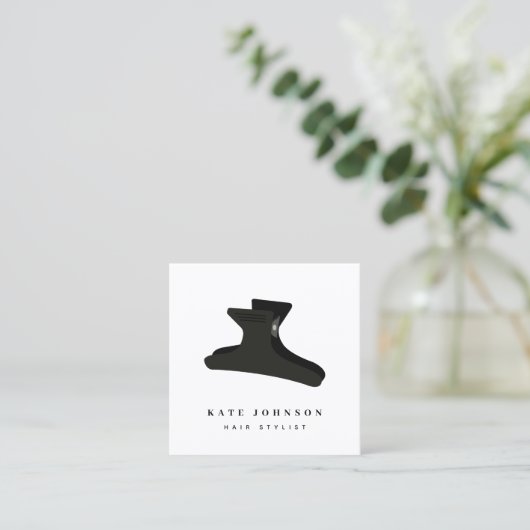 Minimale Elegante Zwart Wit Haar Stylist Clip Vierkante Visitekaartje (Staand voorkant)